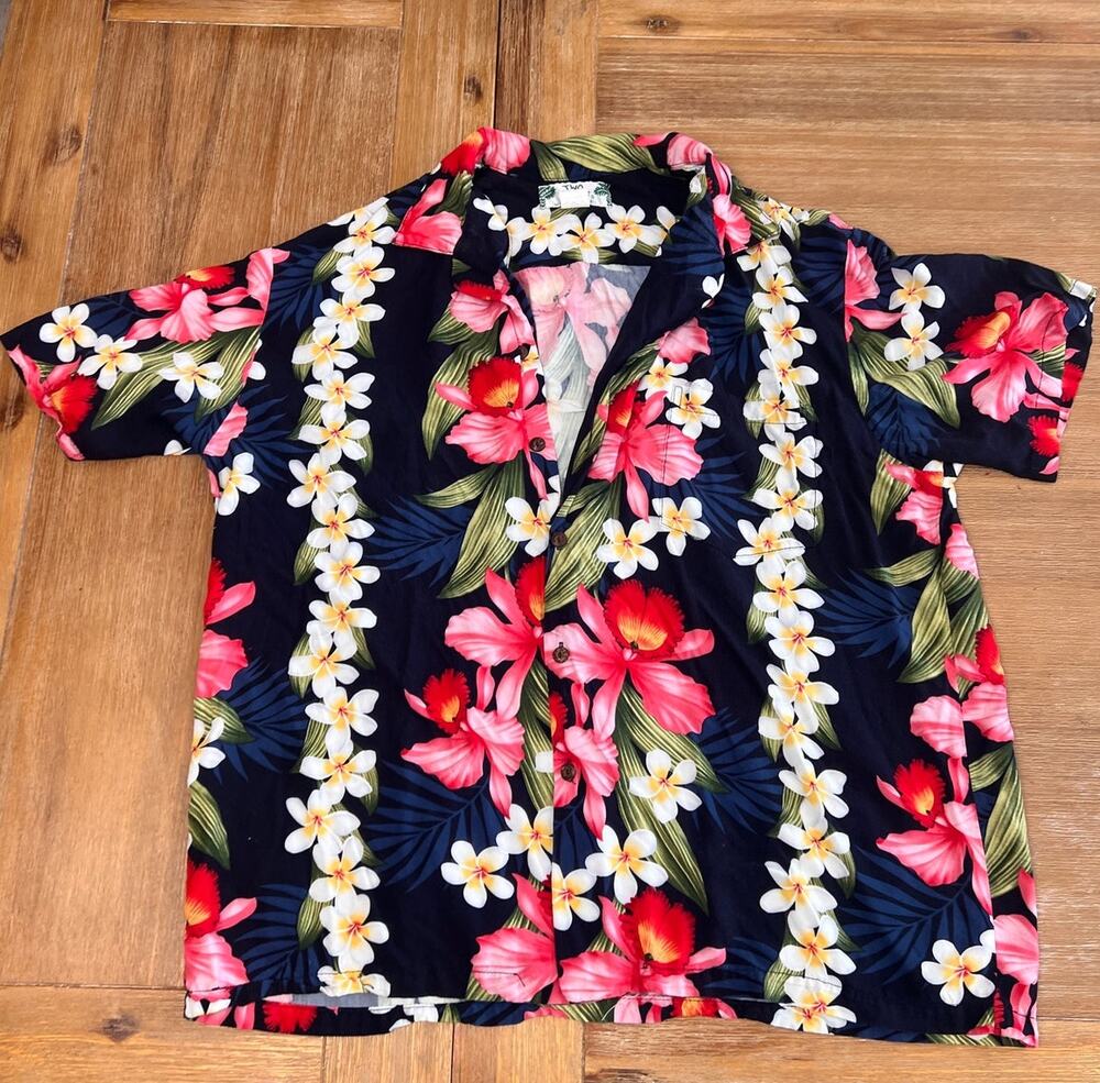 Vintage 80s/90s MADE IN HAWAII Two Palms Button up Shirt Single Stitch Black XL
